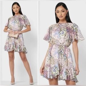 NWT TED BAKER LONDON Lalu Pink Floral Fluted Hem Mini Dress Sz 2 US Size 6